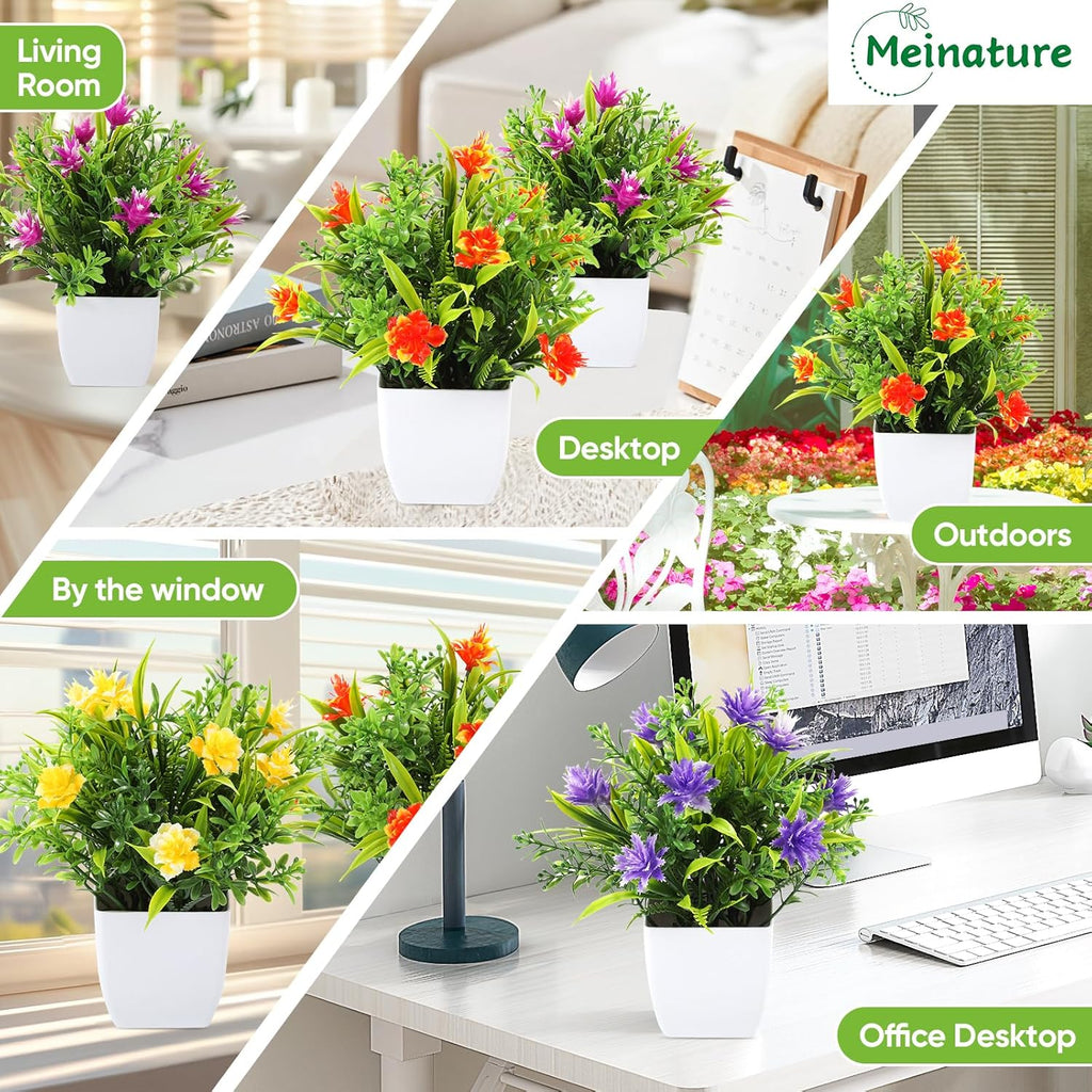 Fake Plants 4 Packs, Small Artificial Plants with Flowers, Black Faux Plants for Bathroom, Office, Home, Conference Table Decor, Indoor Desk Decor for Library, Restaurant