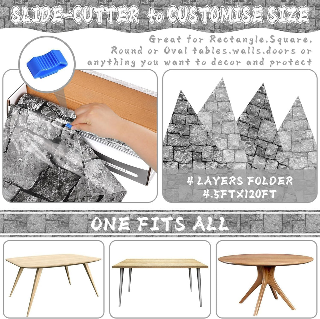 Medieval Brick Stone Wall Tablecloth Roll with Cutter Box Disposable Plastic Table Covers Castle Backdrop Grey Antique Background Knight Themed for Birthday Halloween Party (120 feet)