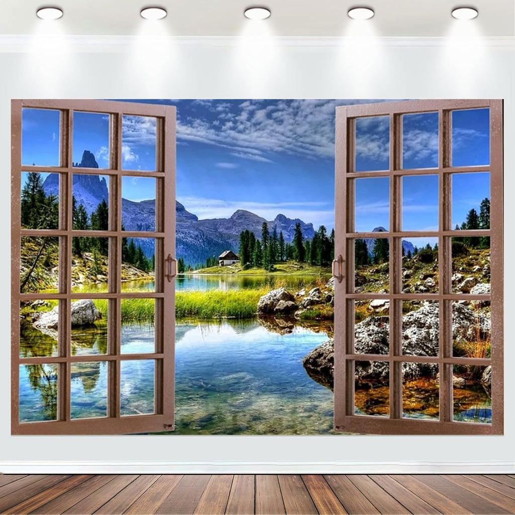 Fabric 10x6ft Lake Scenery Backdrop for Photography Rustic Wooden Window Mountain Rock Lake Photo Background Natural Outdoor Landscape Decoration Tapestry Wallpaper Kids Adults Shoot Props