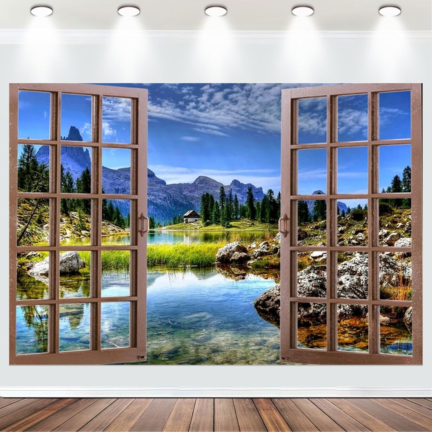 Fabric 7x5ft Lake Scenery Backdrop for Photography Rustic Wooden Window Mountain Rock Lake Photo Background Natural Outdoor Landscape Decoration Tapestry Wallpaper Kids Adults Shoot Props