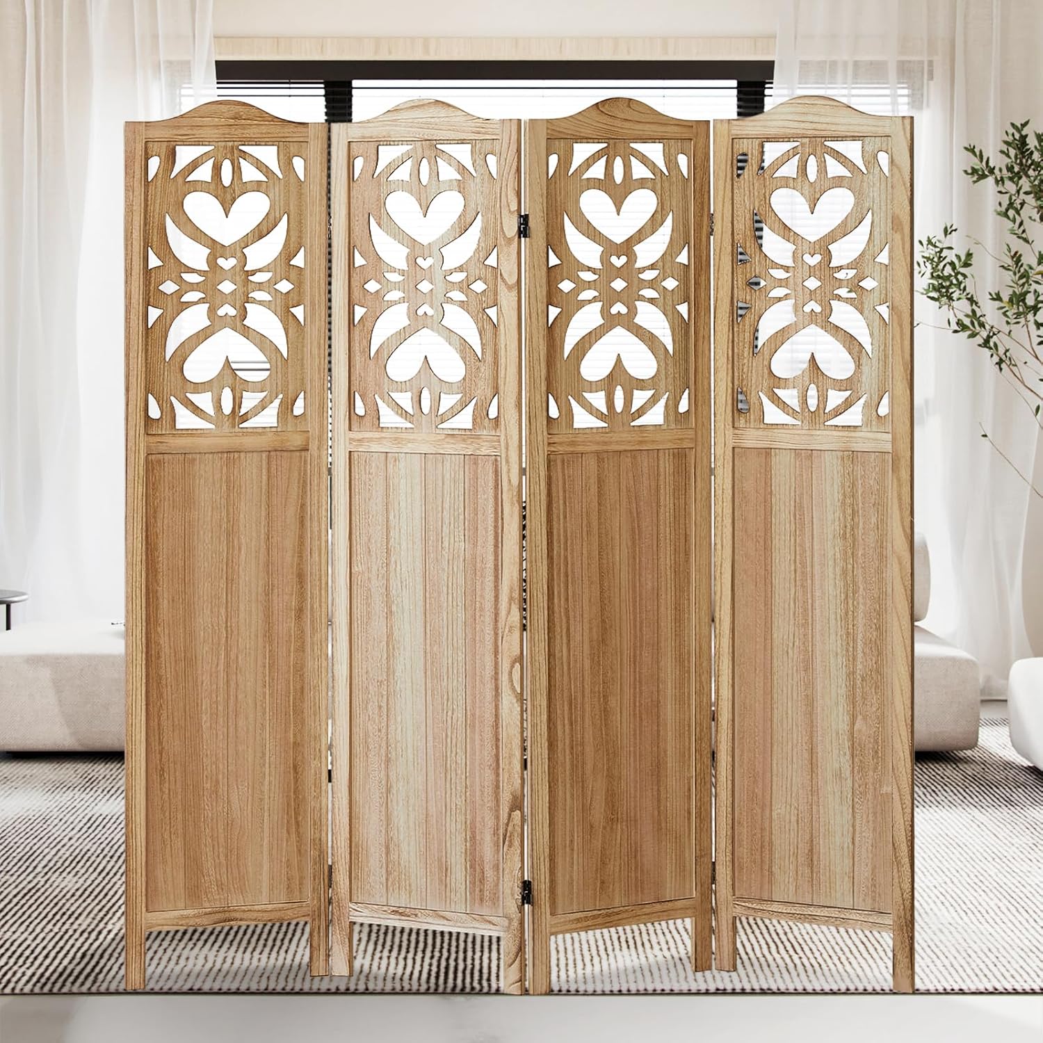 4 Panels Room Divider, 5.6Ft Carved Room Divider Wall and Foldable Divider Screens, Folding Privacy Screen, Folding Portable Partition Screen, Creative Divider Panel - Natural