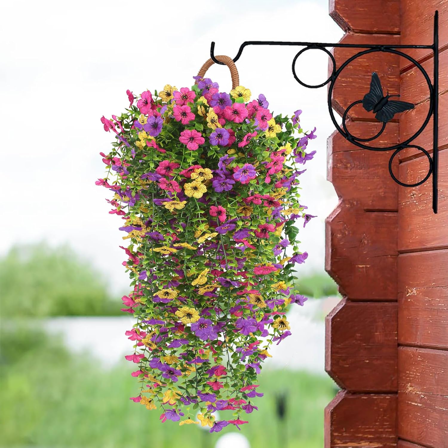 3 PCS Artificial Fake Hanging Flowers Plants with Basket for Spring Outdoor Outside Decoration, UV Resistant Faux Plastic Fabric Flower for Garden Porch Patio Balcony Yard Decor（Mix）