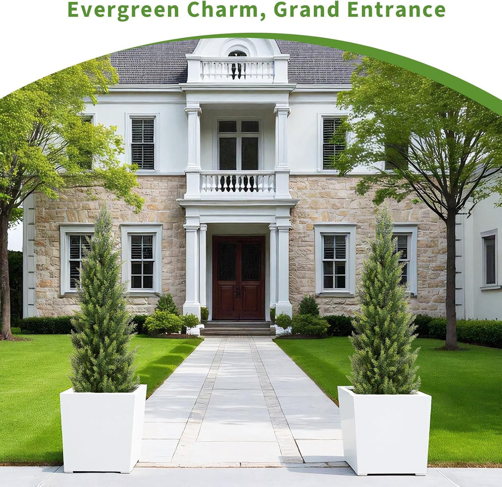 5FT Artificial Cedar Christmas Topiary Trees Set of 2 - Realistic Faux Cypress Plants UV Resistant for Outdoor Planter, Fake Bushes & Shrubs for Porch Front Door Outside UV Rated, 5 Feet Tall, 2 Pack