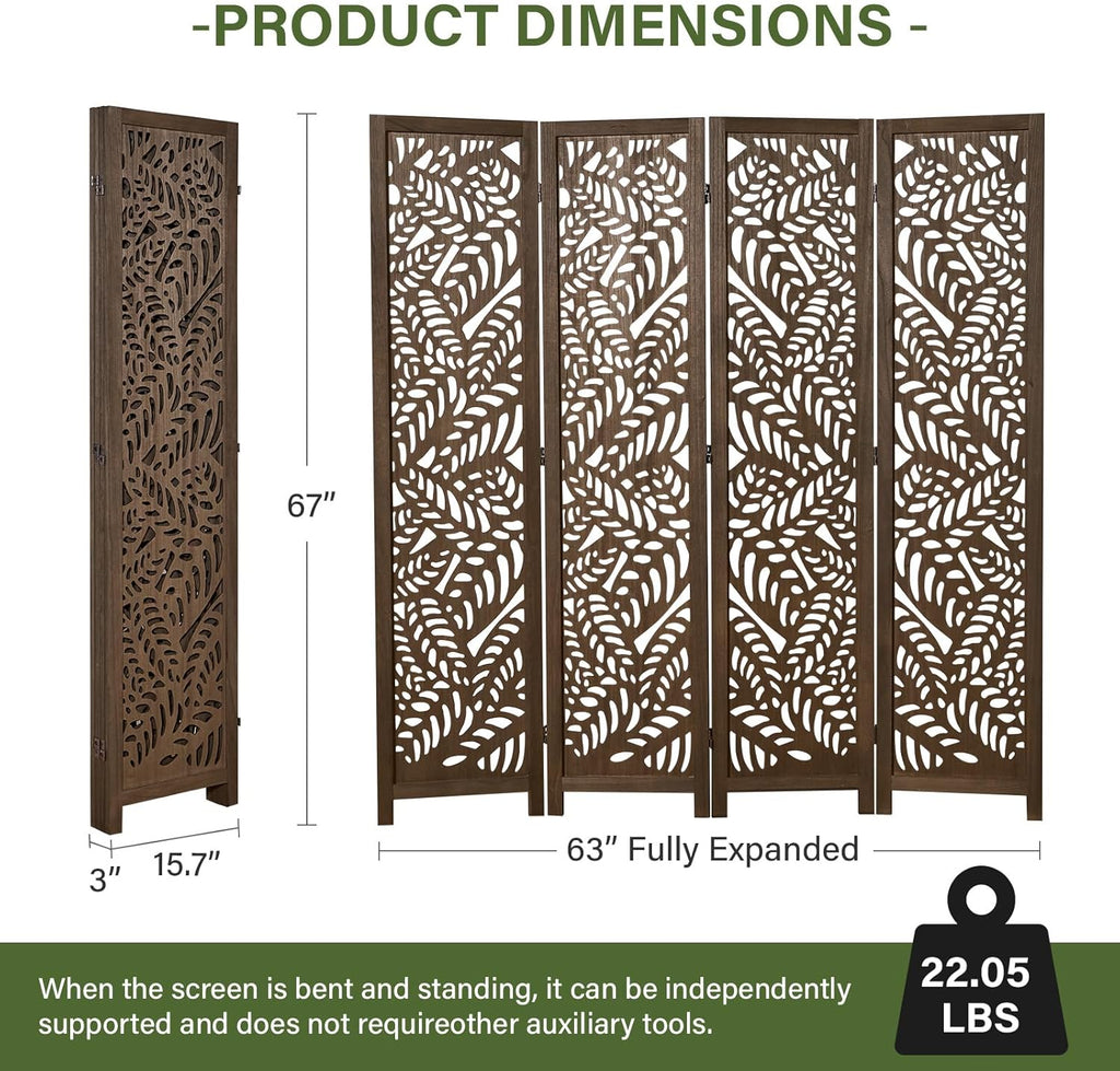 Leaf-Carved Room Divider Privacy Screen - 67 Inch Tall Foading Decorative Wood Screen Dividers Panel for Home - Natural Wood Room Partitions for Enhanced Privacy and Style Brown 4 Panel