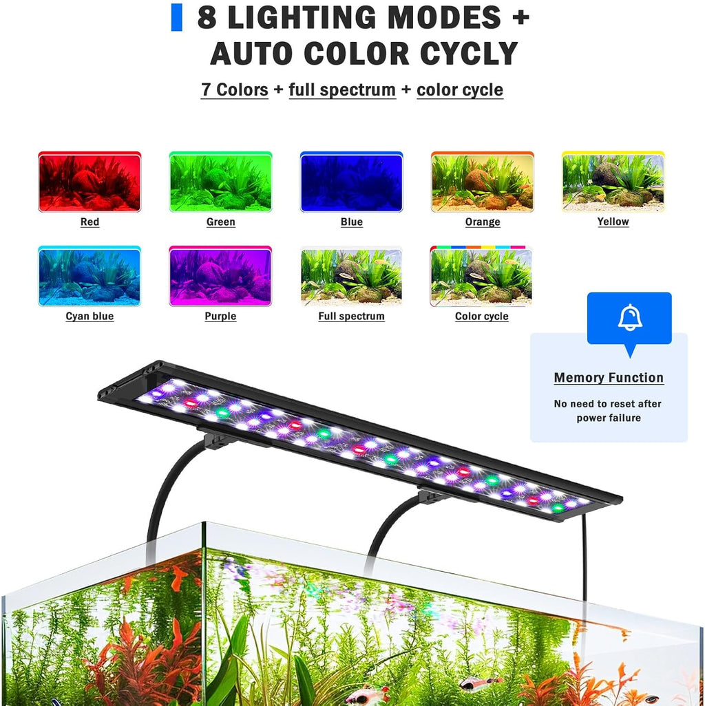 AQQA LED Aquarium Light, 24/7 Mode Clip on Fish Tank Light with Memory Function, DIY Mode Full Spectrum Aquarium Plant Light, Adjustable Timer/Brightness, IP68 Waterproof for 32-40 Inch Fish Tank 30W