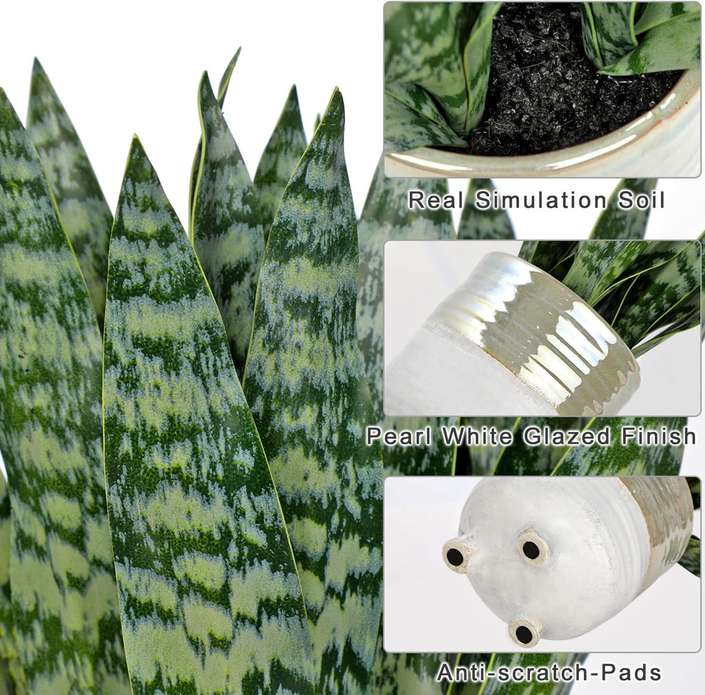 Hollyone Fake Snake Plant 13.5 Inch Large Artificial Snake Plant Potted with Ceramic Pot Faux Sansevieria Plant for Home Office Room Indoor Decor Housewarming Gifts