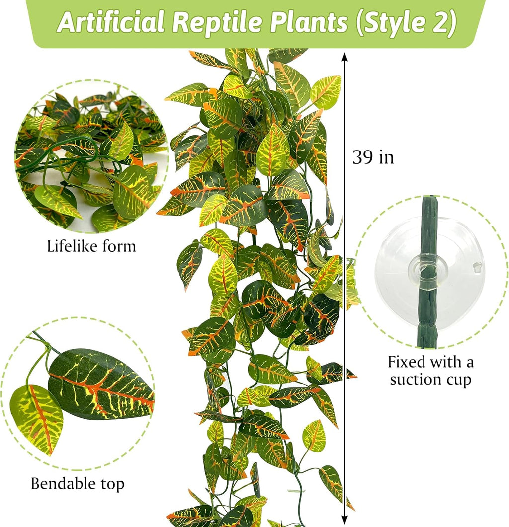 VCEPJH 4 Pcs Reptile Plants, Climbing Wood Branch Terrarium Hanging Fake Plant Leaves Bearded Dragon Tank Accessories, Habitat Decor for Snake Leopard Gecko Lizard Chameleon (Style 3)