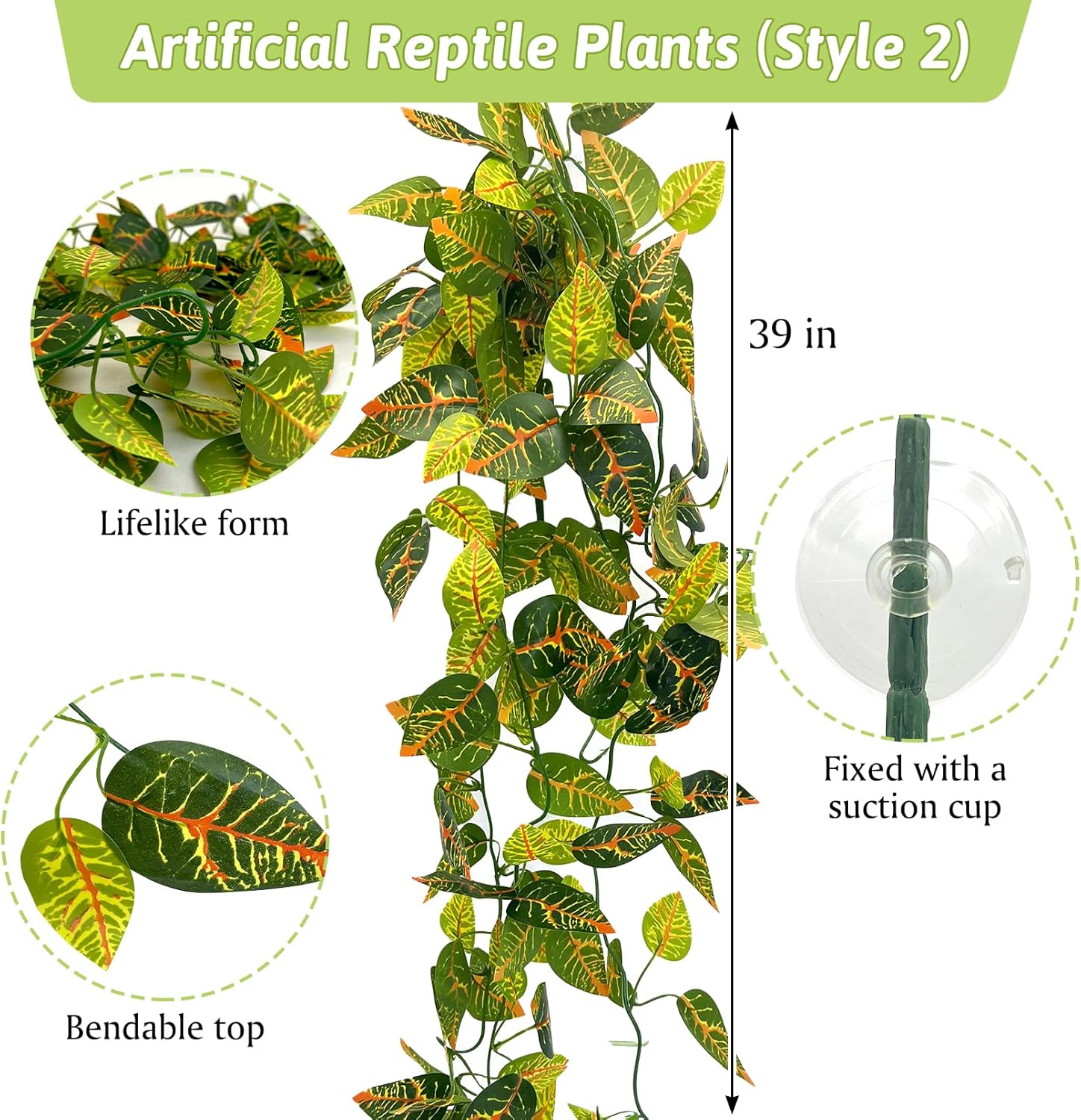 VCEPJH 4 Pcs Reptile Plants, Climbing Wood Branch Terrarium Hanging Fake Plant Leaves Bearded Dragon Tank Accessories, Habitat Decor for Snake Leopard Gecko Lizard Chameleon (Style 3)