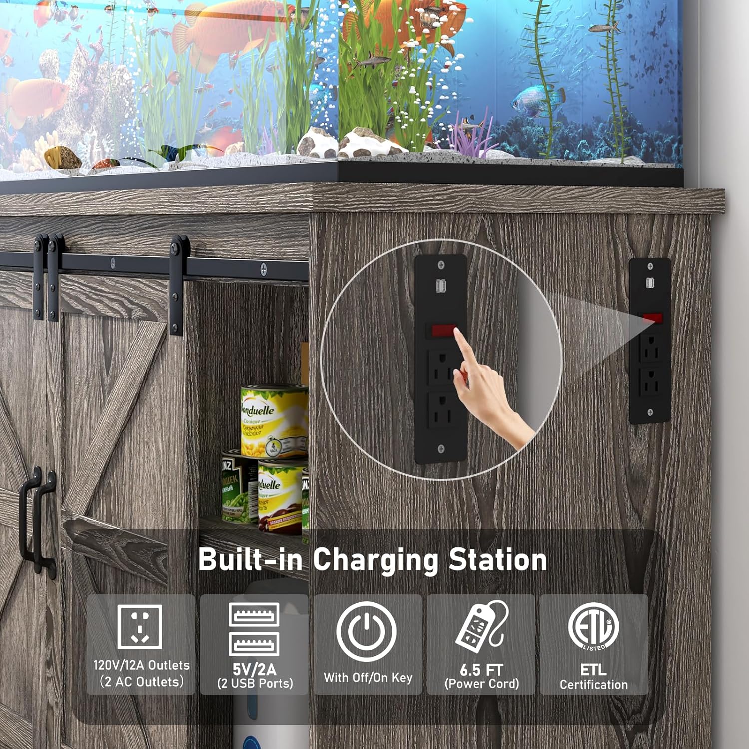 Farmhouse 55-75 Gallon Fish Tank Stand with Power Outlet, Aquarium Stand w/Cabinet&Sliding Barn Door, Heavy Duty Reptile Tank Stand for Fish/Turtle/Reptile Terrarium, 880LBS Capacity, Grey