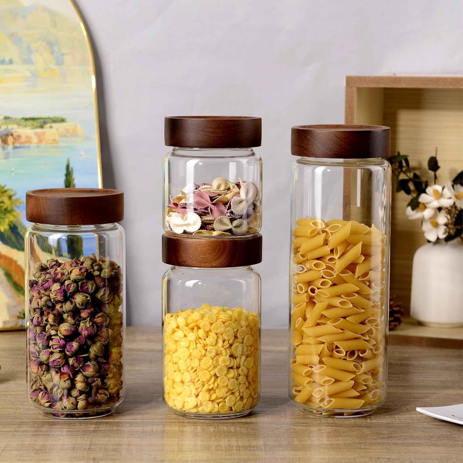 30 fl oz/900 ml Glass Jar with Airtight Wooden Screw Top Lid, Clear Stackable Food Storage Canister, Large Tall Decorative Glass Container for Coffee, Candy, Cookie, Sugar, Oatmeal, Pasta