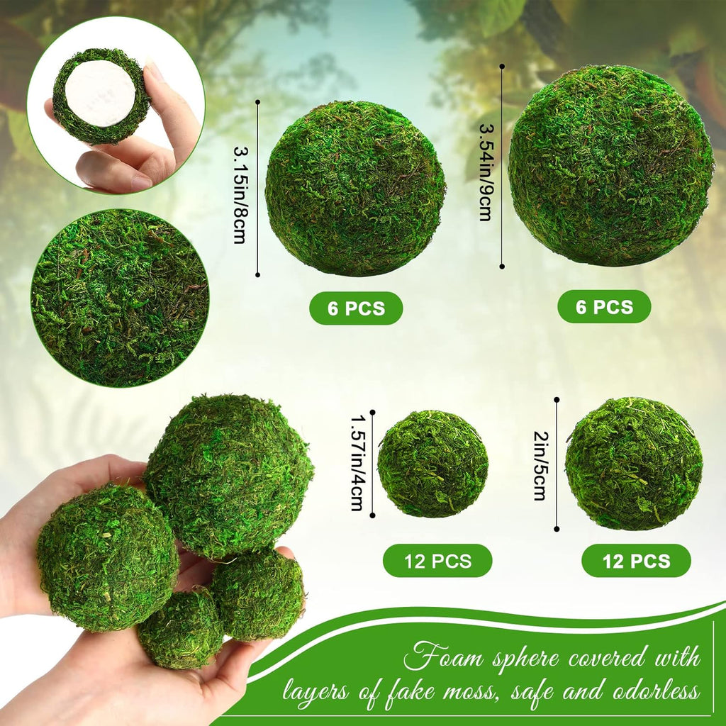 Yunsailing 36 pcs Moss Decorative Ball Natural Green, Handmade Moss Ball Spheres, Vase Fillers for Christmas Garden Home Wedding Party Decoration, 4 Sizes