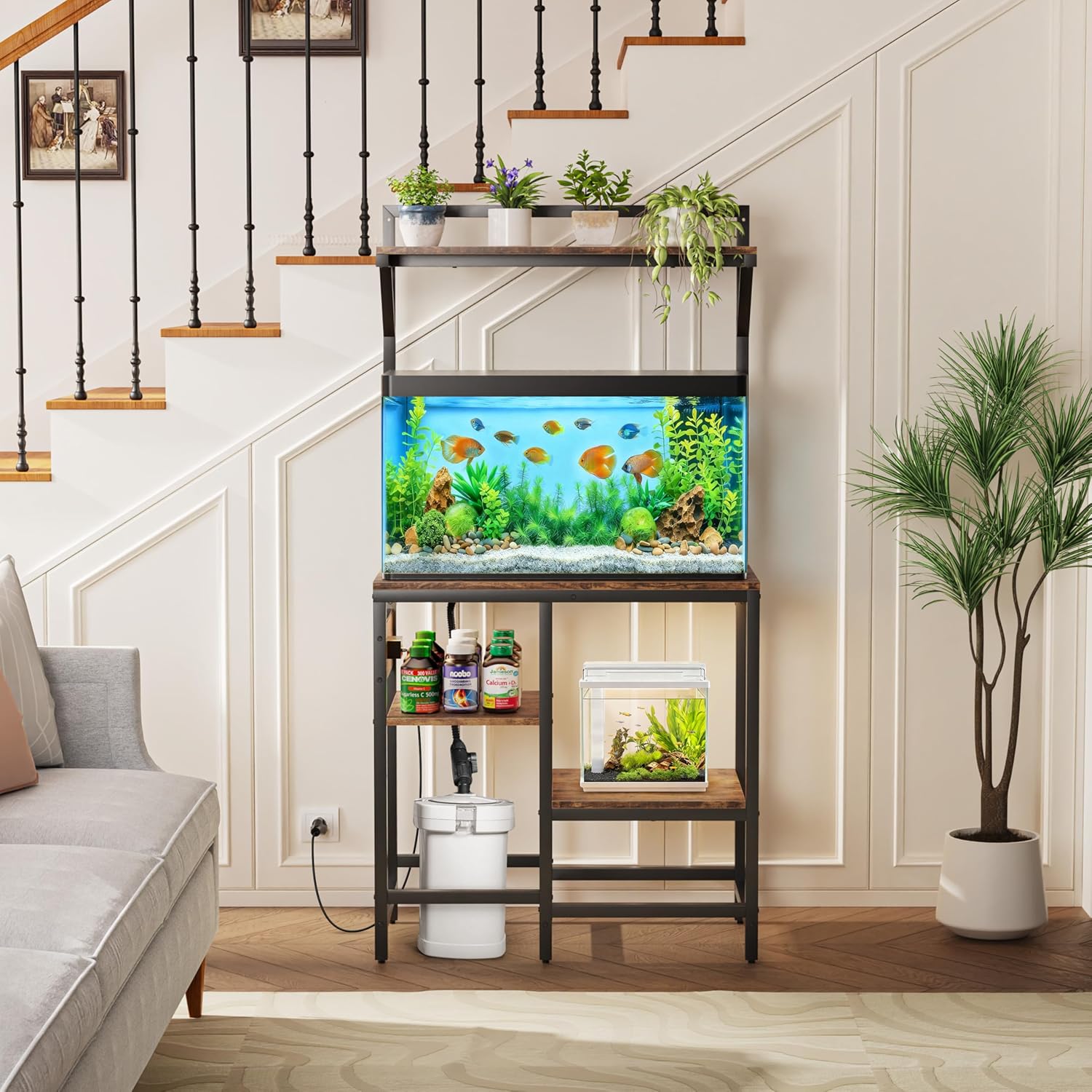20-29 Gallon Fish Tank Stand with Power Outlet, Metal Aquarium Stand with Filter Storage, 6-Leg Reptile Tank Stand with 3-Tier Adjustable Storage Shelves and roof Support (20-29 Gallon)