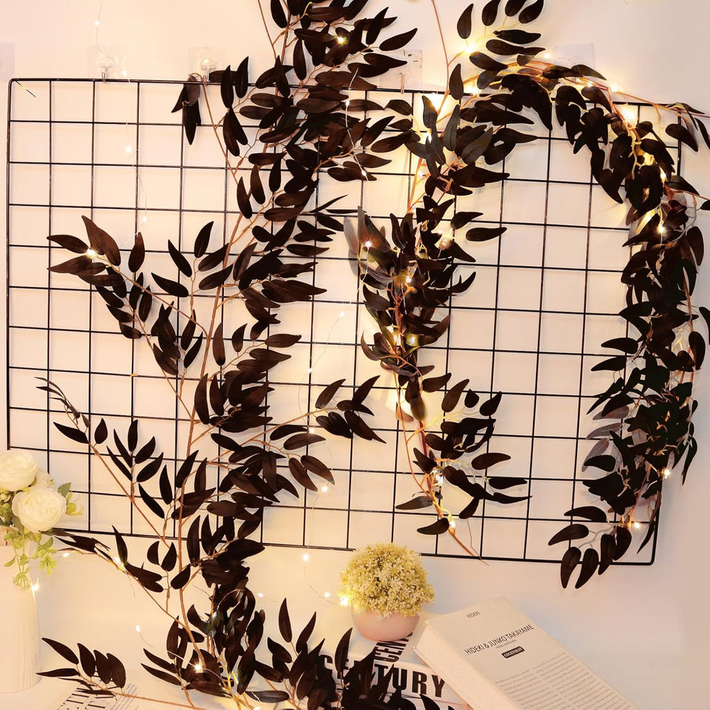 RECUTMS Artificial Black Willow Leaves Vine Twigs Whit Light 2Pcs 5.7Ft Fake Hanging Black Halloween Garland Faux Silk Willow Leaf Ivy Indoor Outdoor Jungle Autumn Wreath Halloween Party Decor