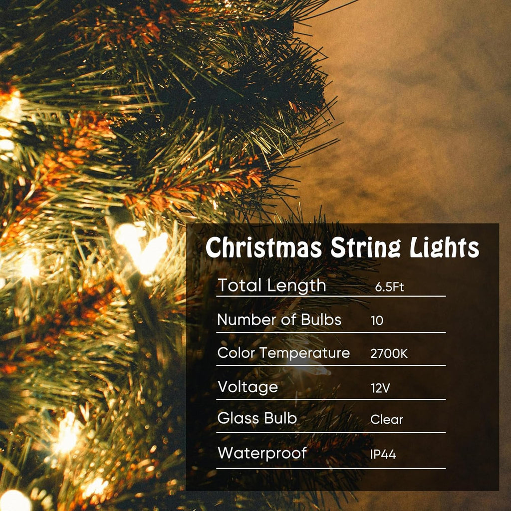 Mini Christmas Lights String Warm White Vintage Short Strand String Lights, Clear Bulbs Wire Fit Light up Christmas Decorations(10 Bulbs Connectable,6.5ft,6.5ftgreen)