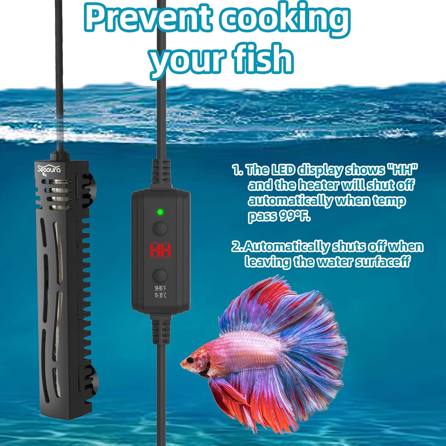 SEAOURA Submersible Fish Tank Heater, 75W Aquarium Heaters for 7-20 Gallon, Adjustable Turtle Tank Heater with LED Temperature Display, Suitable for Freshwater and Saltwater Tank