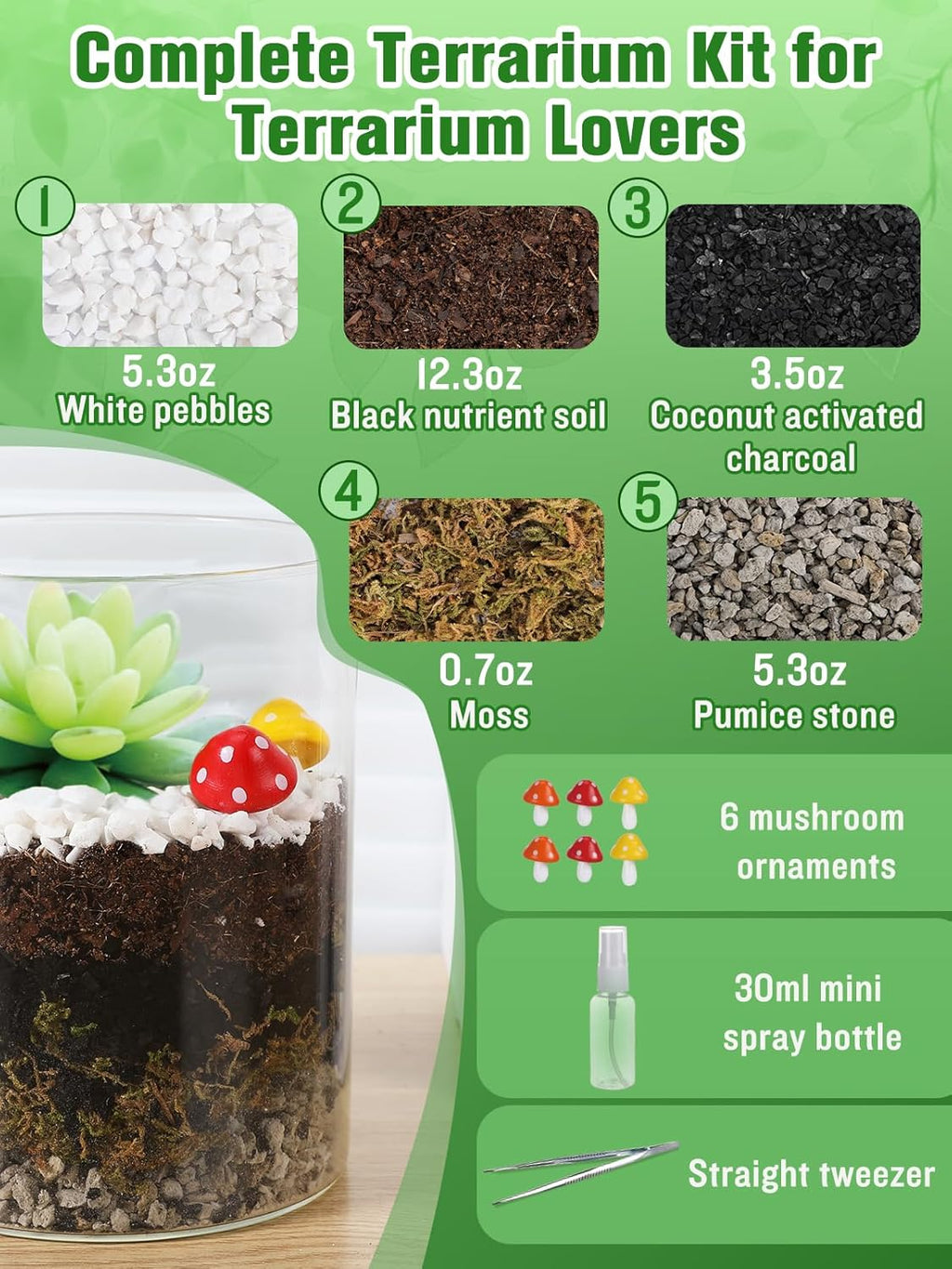 Terrarium Kit Adults - Includes Pumice, Moss, Soil, Pebbles, Charcoal, 2 Tools, Mushroom Ornaments for Succulent Cactus, Christmas Terrarium Accessories Decor Gifts for Starter Women
