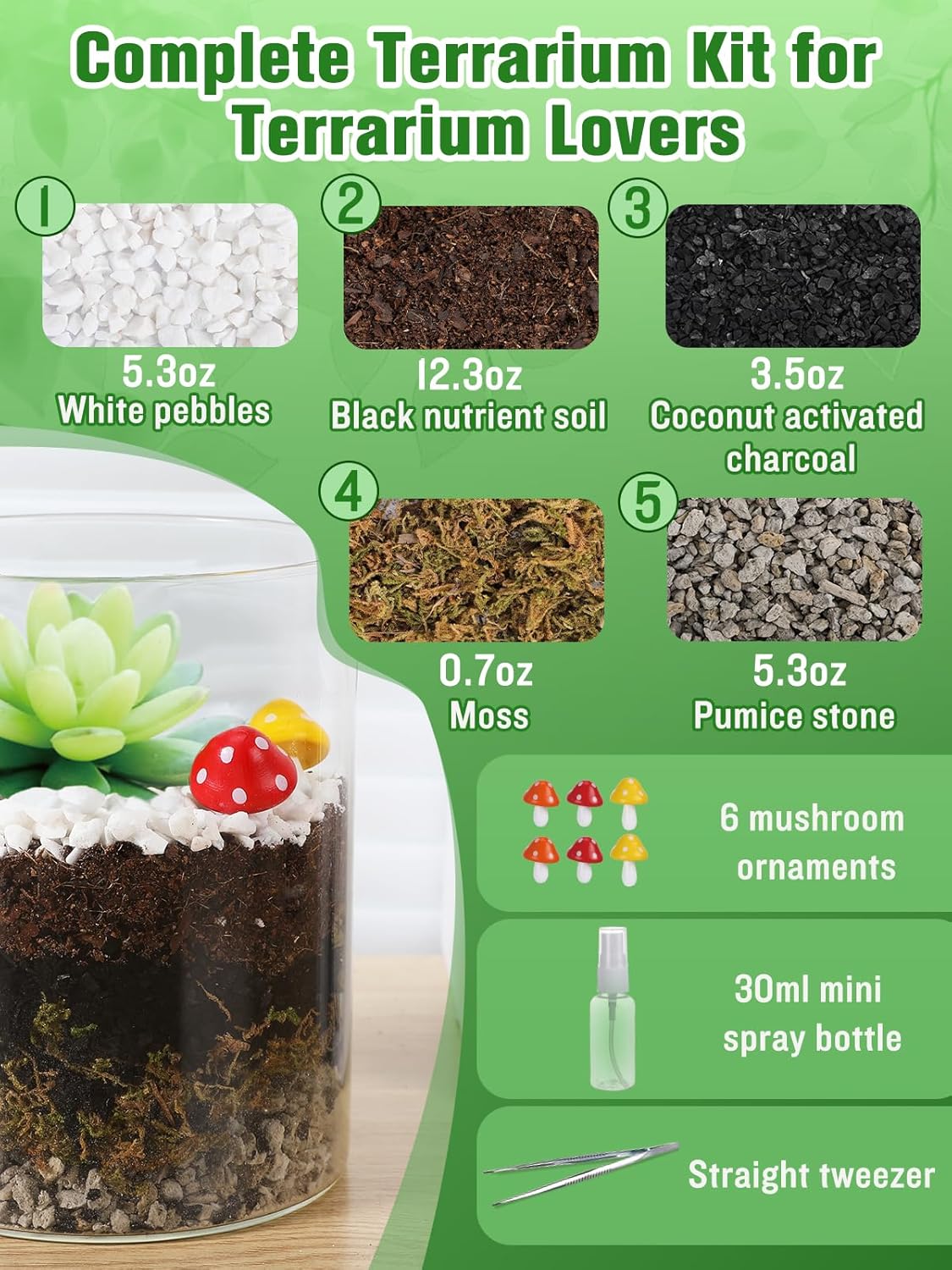 Terrarium Kit Adults - Includes Pumice, Moss, Soil, Pebbles, Charcoal, 2 Tools, Mushroom Ornaments for Succulent Cactus, Christmas Terrarium Accessories Decor Gifts for Starter Women