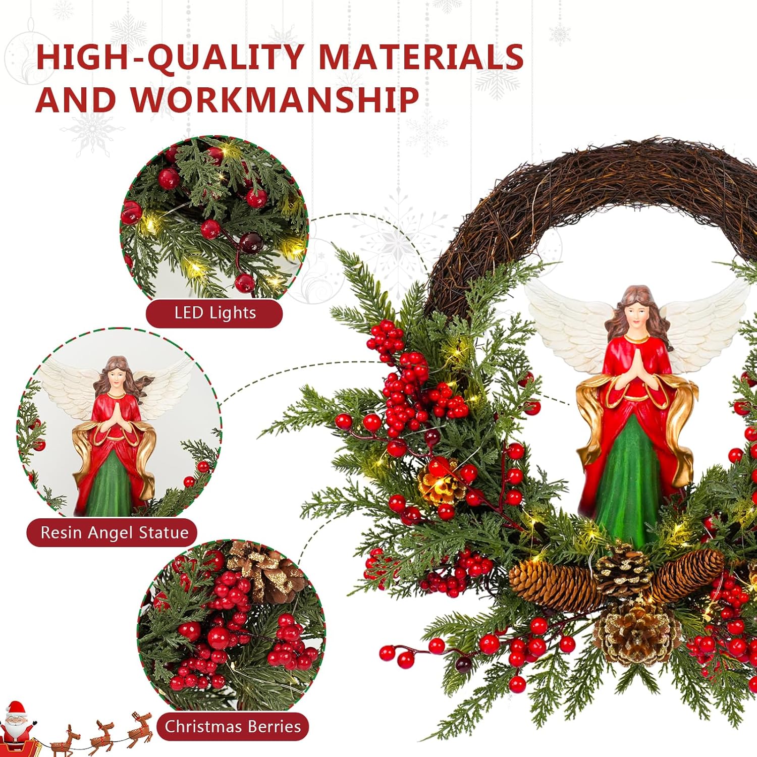 Christmas Wreath Artificial Wreath with a Natural Resin Angel and Red Berries, Suitable for Luxurious Indoor and Outdoor Home Decoration