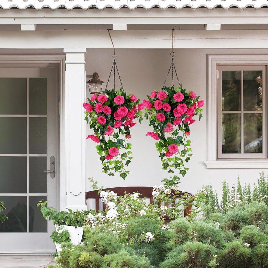 RECUTMS Artificial Fake Hanging Flowers Plants for Outdoor Decoration, 2 Pcs UV Resistant Faux Petunias Trailing Plants Realistic Flower Look Real for Door Wall Yard Porch Garden Planter (Rose Red)