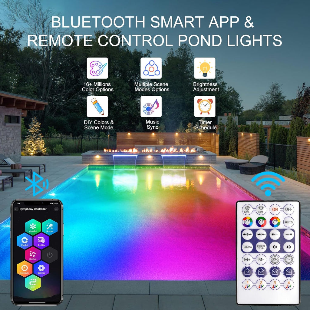 RGB Underwater Pond Lights, Super Bright LED Submersible Fountain Lights Colored Landscape Spotlights, Bluetooth APP Control IP68 Waterproof for Fish Aquarium Tank Garden Yard Pool (Set of 12)