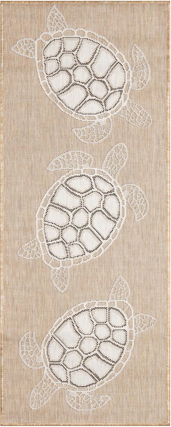 Liora Manne Carmel Indoor/Outdoor Power Loomed Synthetic Blend Low Profile Area Rug - Transitional Coastal Turtle Decorative (Seaturtles Sand) (1'11" x 4'11")