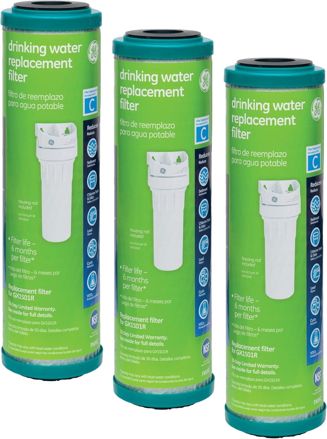 GE Premium Single Stage Drinking Water System Replacement Filter, Fits GX1S01R Under Sink Filtration System, Replace Every 6 Months, FXUVC | (Pack of 3)