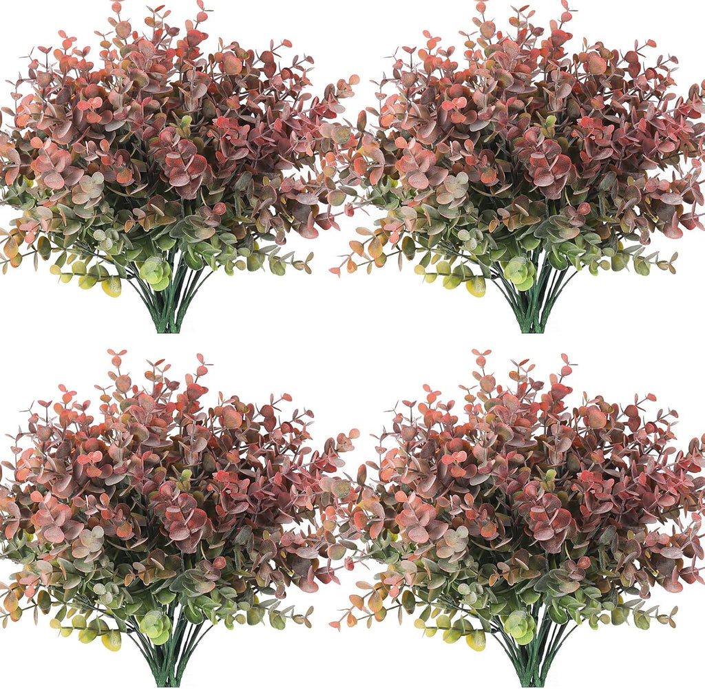 RECUTMS 12 Bundles Fake Bushes Artificial Plants Outdoor Faux Plant Eucalyptus Stems Fake Porch Plants for Farmhouse Bathroom Office Vase Centerpiece Indoor Outdoor Decor(Dusty Red)