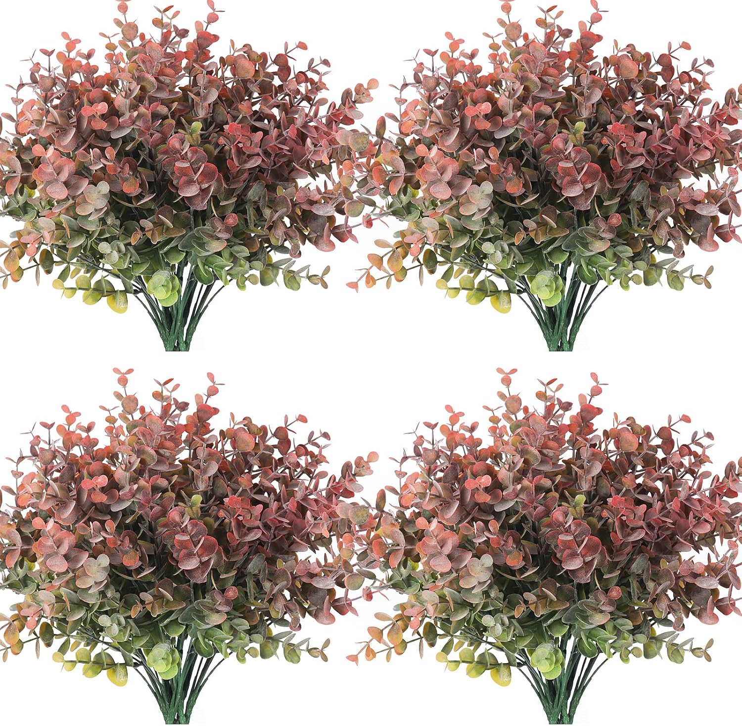 RECUTMS 12 Bundles Fake Bushes Artificial Plants Outdoor Faux Plant Eucalyptus Stems Fake Porch Plants for Farmhouse Bathroom Office Vase Centerpiece Indoor Outdoor Decor(Dusty Red)