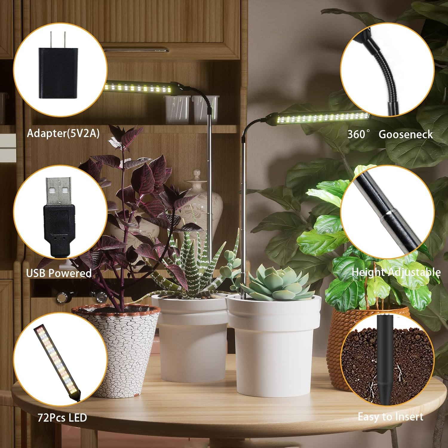 LED Grow Light 2 Pack, 6000K White Full Spectrum 144 LED Gooseneck Growing Lamp for Indoor Plants Growth,4 8 12 18Hrs Timer & Brightness Changeable,Insert Pole Extendable 4-10''