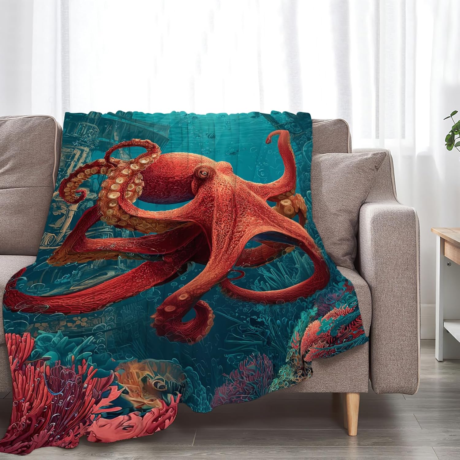 Ocean Octopus Blanket Coral Marine Life Animal Throw Blankets Gifts for Girls Boys Kids Octopus Lover Soft Cozy Fleece Plush for Couch Sofa Bed 50"x40"