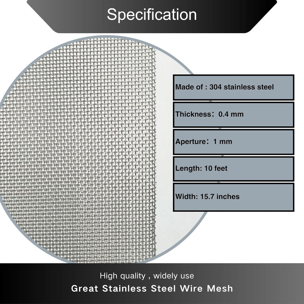Stainless Steel 304 Wire Mesh-Metal Mesh Screen 15.5 inches x 10 feet