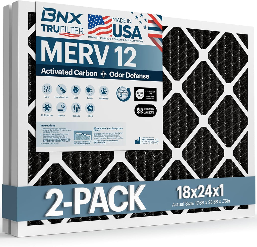BNX TruFilter 18x24x1 MERV 12 Odor Defense (2-Pack) AC Furnace Air Filter with Activated Carbon - MADE IN USA - Pleated Air Conditioner HVAC AC Furnace Filters - Removes Odor, Mold, Bacteria, Smoke