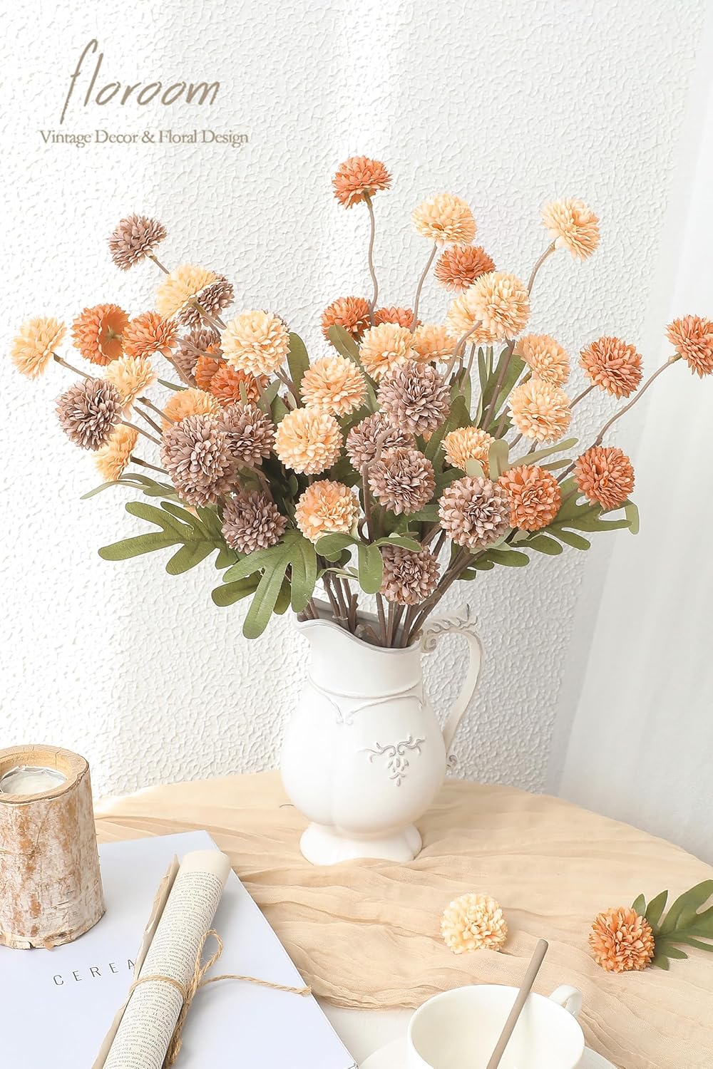 Floroom 9pcs Burnt Orange Taupe Mix Faux Silk Mums Artificial Flowers, Bulk Fake Small Mini Chrysanthemums with Stems for DIY Wedding Centerpieces Floral Arrangements Vase Fillers Home Decorations