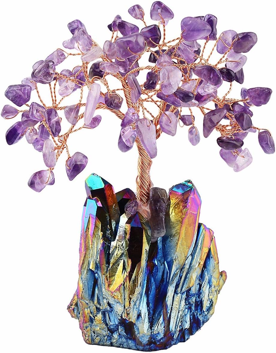 mookaitedecor Amethyst Crystal Tree, Quartz Cluster Rainbow Titanium Crystals Base Bonsai Money Tree for Wealth and Luck