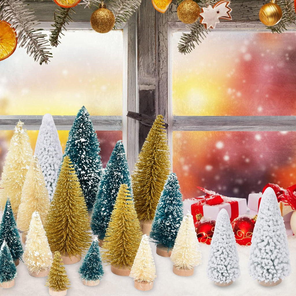 DearHouse 33PCS Artificial Mini Christmas Trees, Mini Pine Tree Sisal Trees with Wood Base Bottle Brush Trees for Christmas Table Top Decor Winter Crafts Ornaments