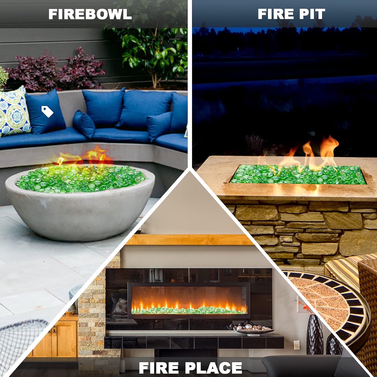 Skyflame 10-Pound Fire Glass Beads for Fire Pit Fireplace, 1/2-Inch Size Emerald Green Reflective Decorative Blended Fireglass Drops for Landscaping