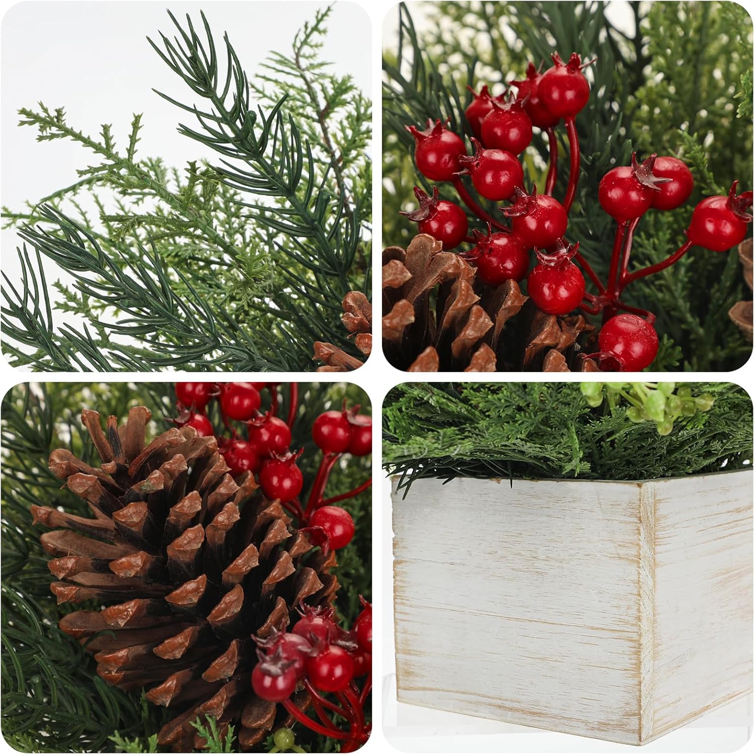 Christmas Centerpieces Table Decorations 10" Small Artificial Potted Christmas Tree Tabletop Pine Plants with Red Berry Pine Cones in Wooden Pot for Home Winter Xmas Mantel Farmhouse Indoor Decor