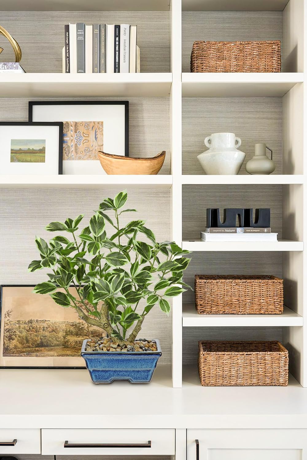 Fake Plants Small Artificial Plants Indoor 15.3" Fake Potted Plants Realistic Faux House Topiary Plants with Blue Ceramic Pot for Home Office Bathroom Kitchen Farmhouse Table Centerpieces Shelf Decor