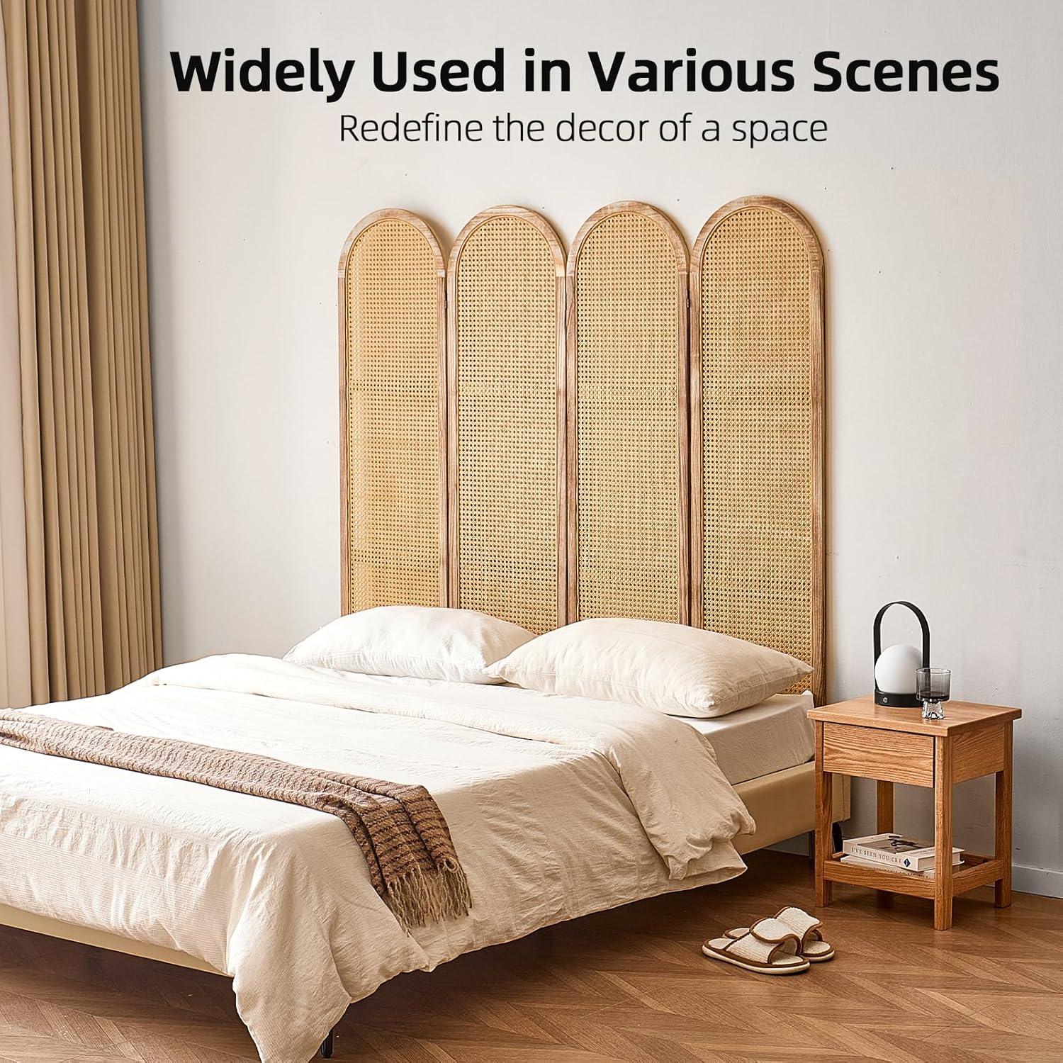 4 Panel Room Divider 5.6 Ft Hand-Woven Rattan Room Divider Screen, Foldable Wood Folding Privacy Screens with Double Hinges, Wall Divider for Room Separation Bedroom Home Office - Natural