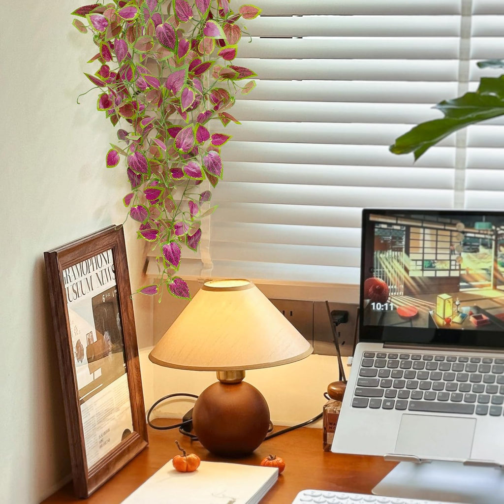 Artificial Hanging Potted Plants, Small Fake Purple Potted Plant Faux Ivy Vine Plant for Shelf Home Office Indoor Outdoor Garden Greenery Decor (Black Pot)