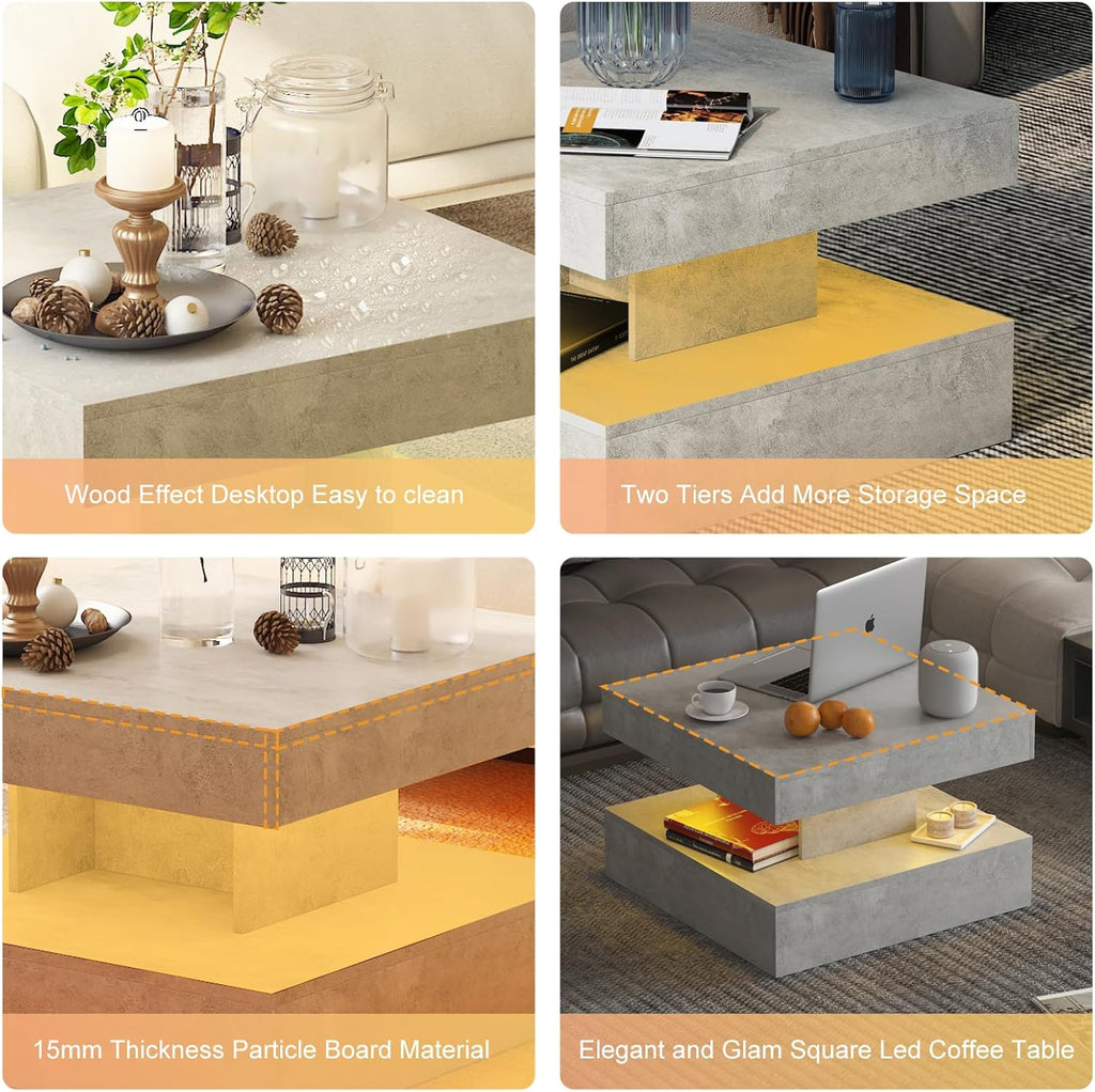 Small Grey Led Coffee Table for Living Room, 23.6" Wood Square 2-Tier Storage Modern Center Table, Modern High Glossy Wooden Coffee Tables for Small Space