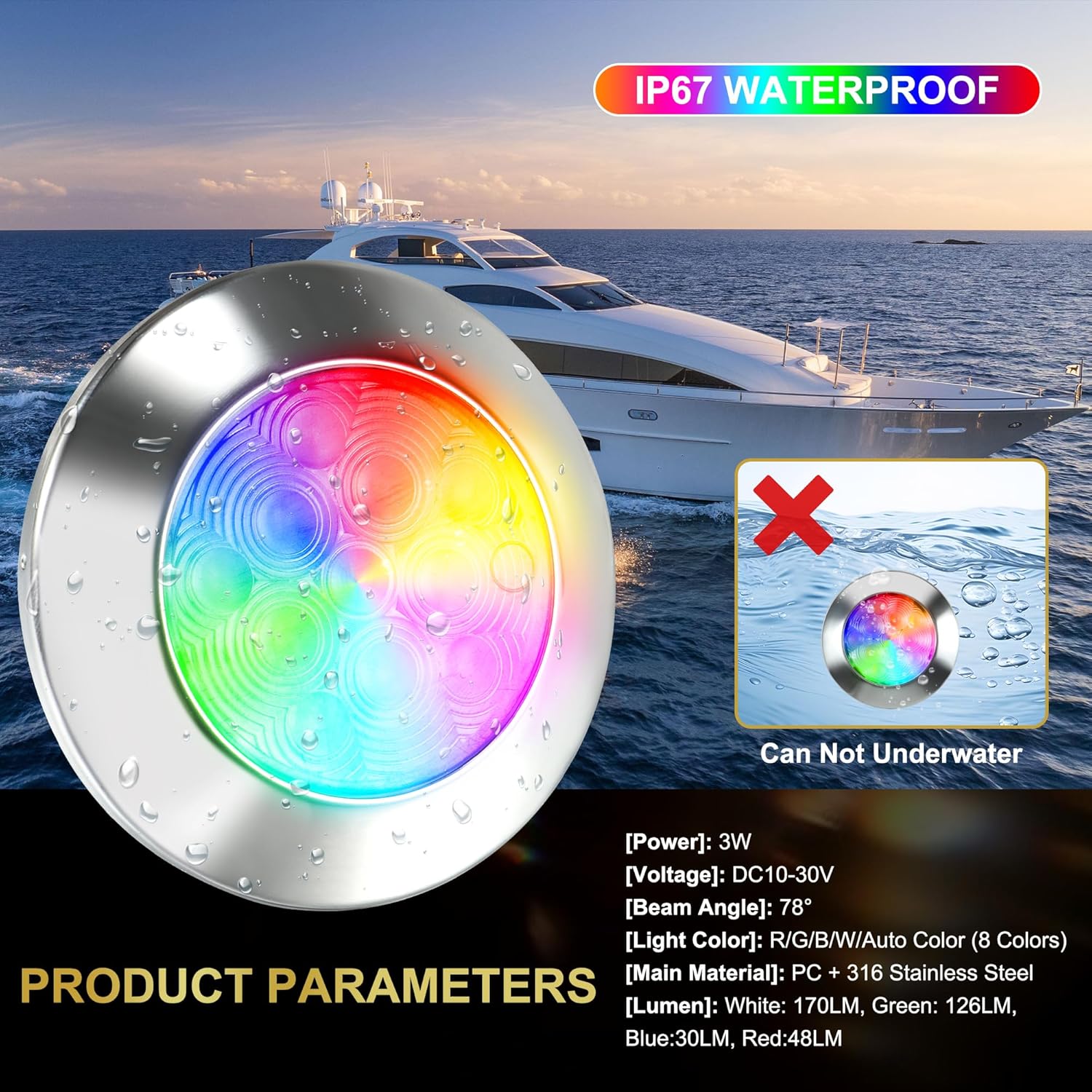 Goldlife B3 LED Marine Courtesy Light Boat Interior Light, 2.8" 11LED DC10-30V IP67 316 Stainless Boat Cabin Ceilling Lights, Multicolor Surface Mount RV Transom Deck Yacht Lighting