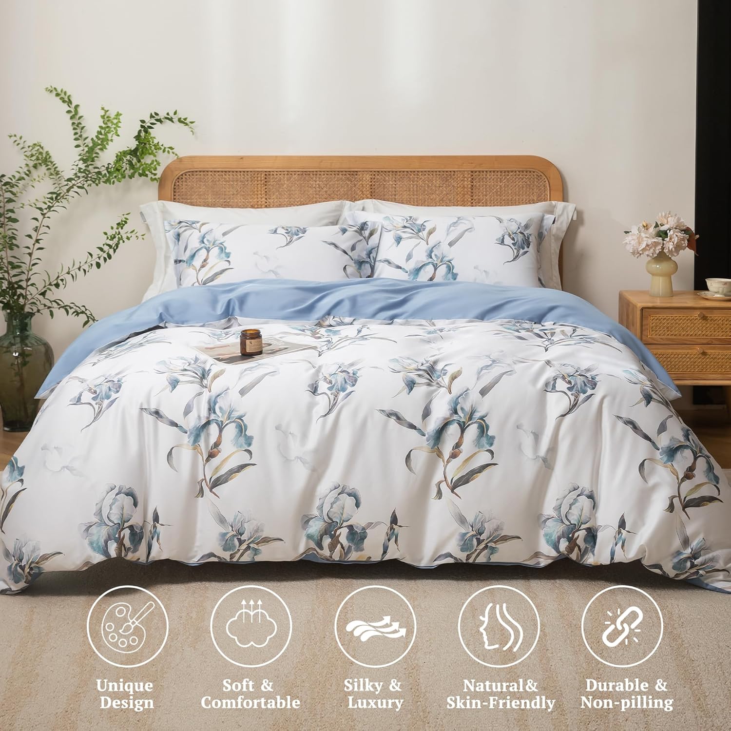 MILDLY Full Size Duvet Cover Set 100% Long-Staple Cotton Luxury White & Blue Floral Patten Reversible Comforter Cover Set 3Pcs