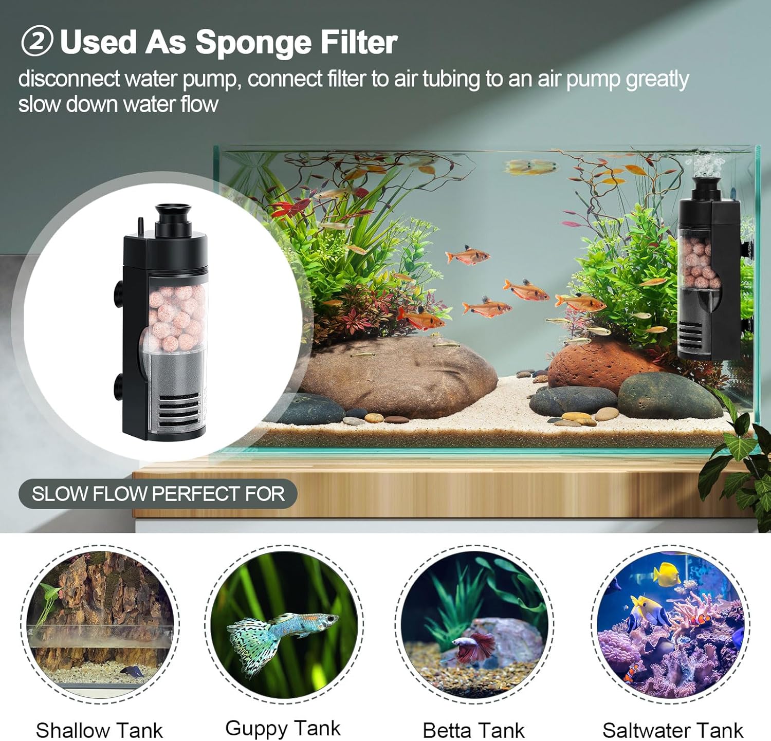 hygger Quiet Fish Tank Filter with Bio Balls Sponge Air Hose, Aquarium in-Tank Filter for 10-40 Gallon 7W 100 GPH