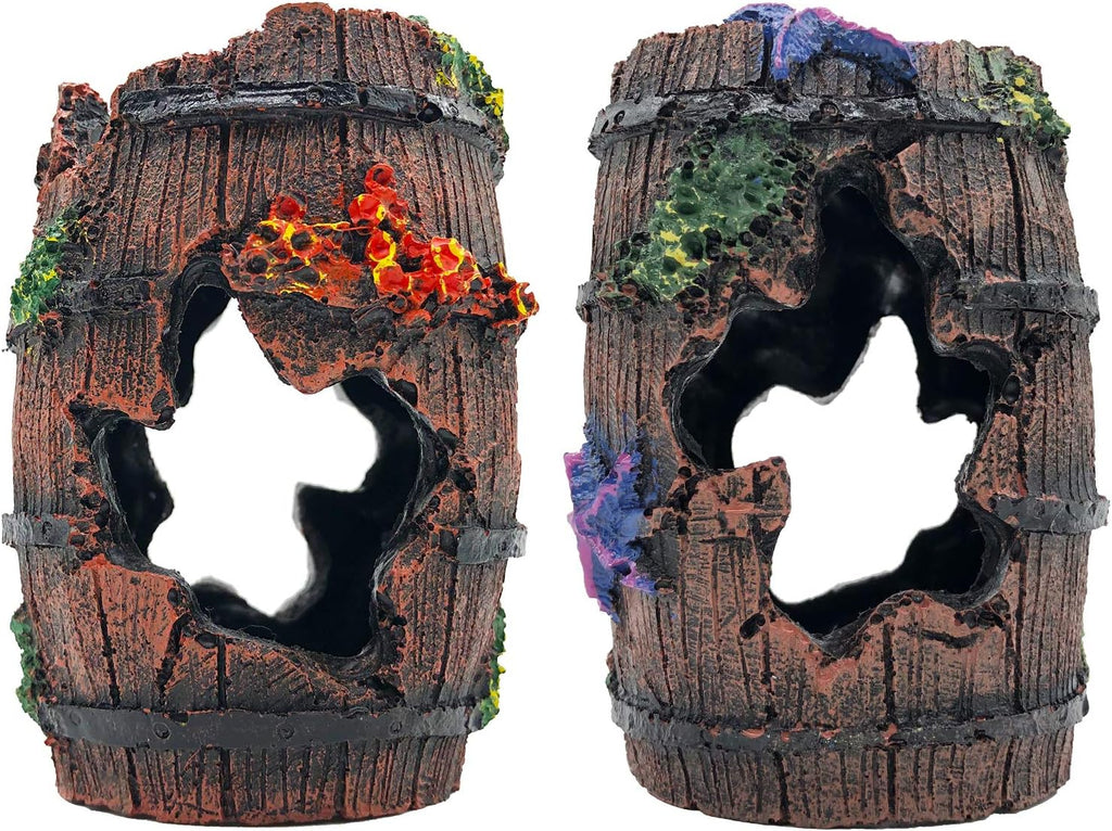 GSD Star-Fish Broken Barrel Decor Resin Betta Tank Accessories Ornaments for Cave Hide Decorations, Broken Barrel x 1pc, Blue Star Fish Ornaments x 2pcs