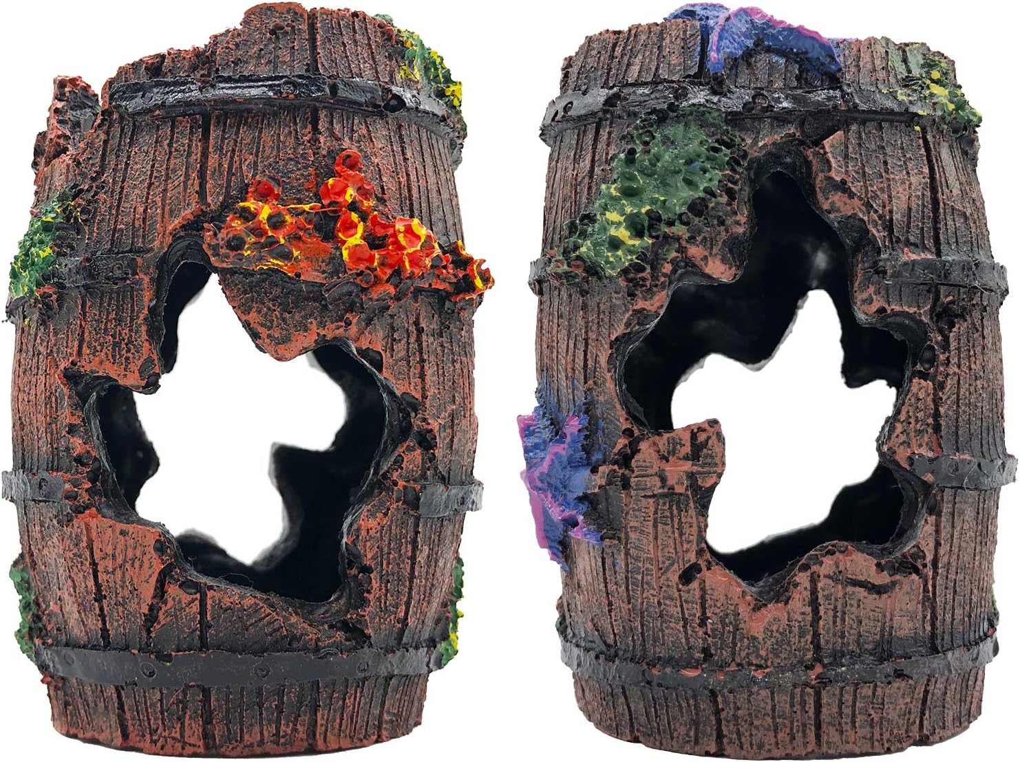 GSD Star-Fish Broken Barrel Decor Resin Betta Tank Accessories Ornaments for Cave Hide Decorations, Broken Barrel x 1pc, Blue Star Fish Ornaments x 2pcs
