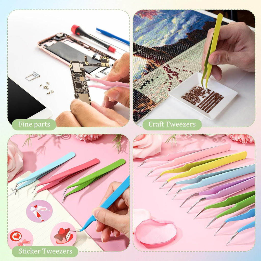 Honoson 9 Pieces Curved Pointed Craft Tweezers Stainless Steel Precision Tweezer with Protective Cover for Rhinestones Dried Flowers Craft Stickers Eyelash Extension Jewelry Making(Macaron Colors)