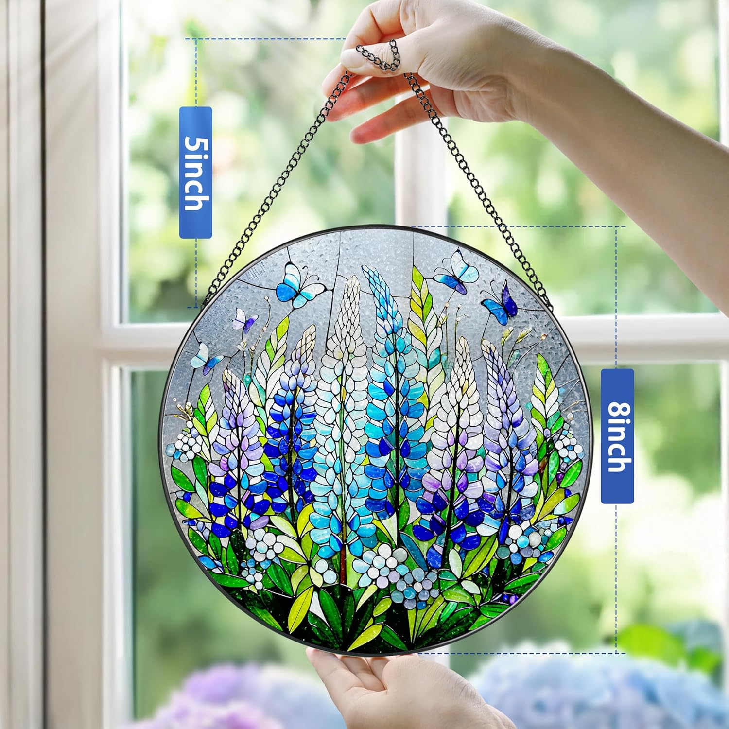 8-Inch Stained Glass Ornament, Stained Glass Window Hanging, Window Hanging Decor Suncatcher, Texas Bluebonnet Ornament | Christmas, Mother's Day, Birthday | Gifts for Mom, Garden Gifts for Friends