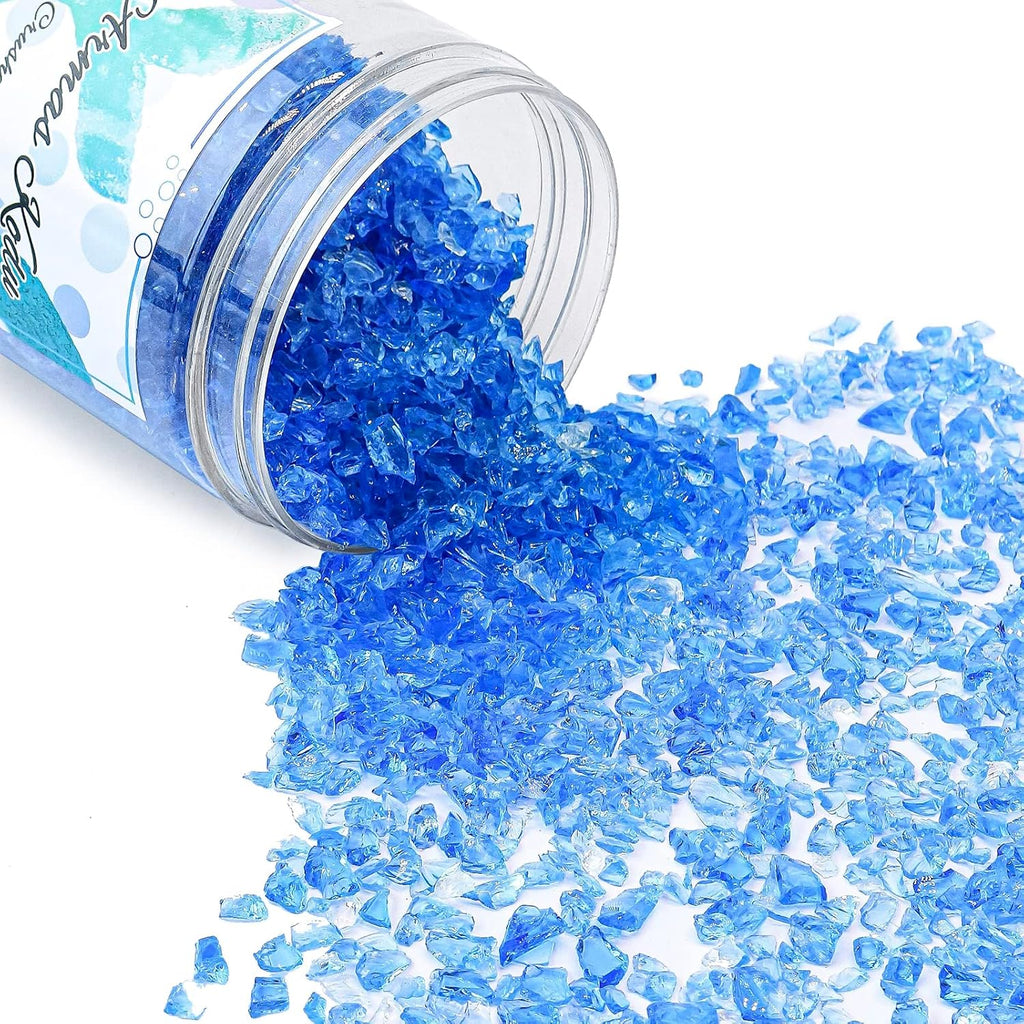 Crushed Glass for Resin Art - 3-6mm Ocean Blue, 1.5lb | Broken Glass Pieces for Crafts, Vase Filler & Fire Pit Media | Decorative Stones