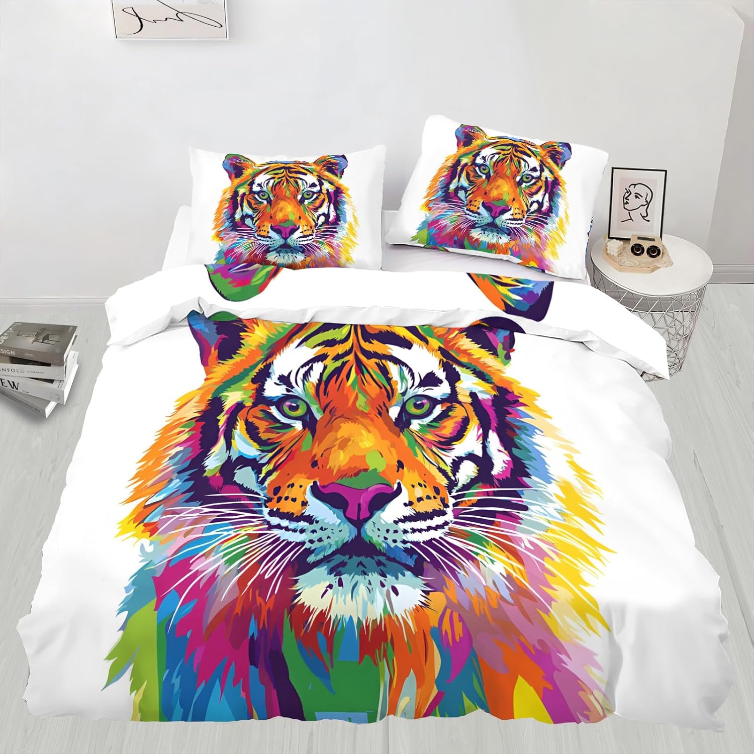 Tiger Duvet Cover King Size, Tie Dye Tiger Bedding Set 3 Piece Bedroom Decor Colorful Wildlife Comforter Cover and 2 Pillow Sham with Zipper Closure